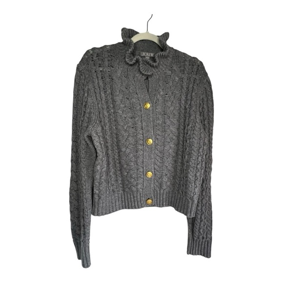 J. Crew Cable-knit ruffleneck button front cardigan sweater, wool blend Grey XL - Picture 6 of 12